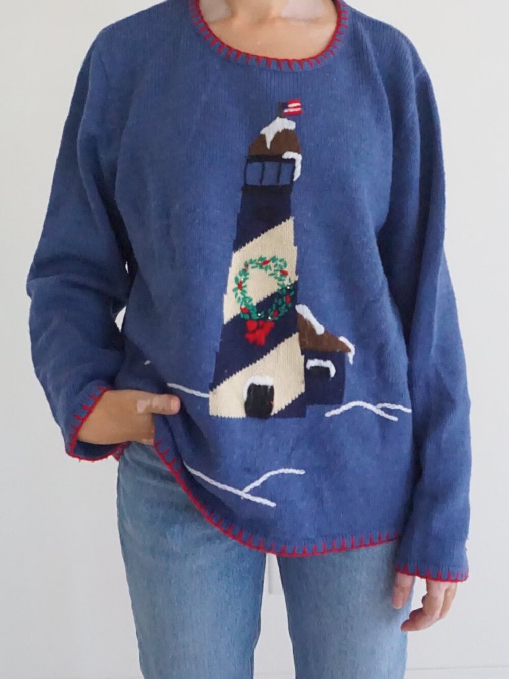 Vintage Sag Harbor Sport Blue Lighthouse Coastal Nautical Sweater Seaside L